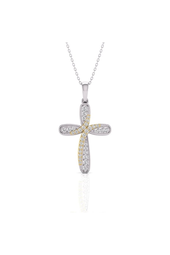 14K Two-Tone White and Yellow Gold Natural Diamond Cross Necklace- For Men Women