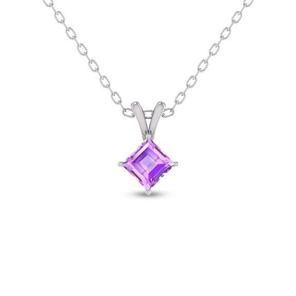 TimeLe$$ Classics Birthstone Jewelry 4-Prong Princess Cut Amethyst Pendant in 14K White Gold