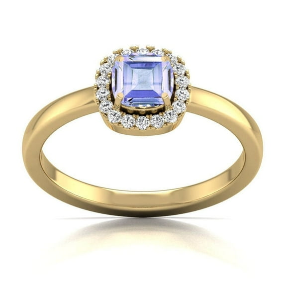 TimeLe$$ Classics Round and Cushion Cut Natural Tanzanite Gemstone Ring in 14K Yellow Gold (Size: 9)