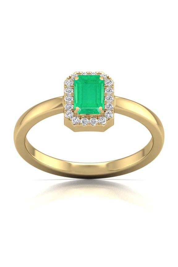 Round and Emerald Cut Natural Emerald Gemstone Ring in 14K Yellow Gold (Size: 6)
