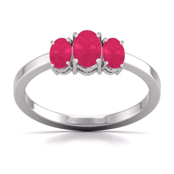 TimeLe$$ Classics Three Oval Shape Natural Ruby Gemstone Ring in 14K White Gold (Size: 8)