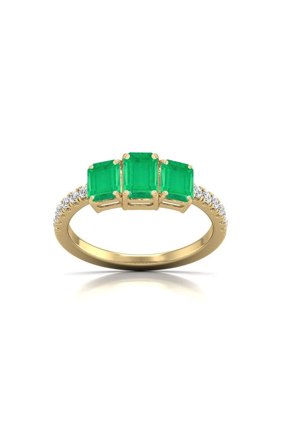 TimeLess Classics Birthstone Jewelry Emerald Cut Shaped Emerald Three-Stone Ring in 14K Yellow Gold (Size 9)
