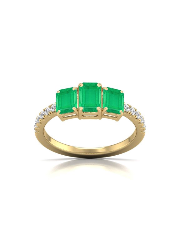TimeLess Classics Birthstone Jewelry Emerald Cut Shaped Emerald Three-Stone Ring in 14K Yellow Gold (Size 9)