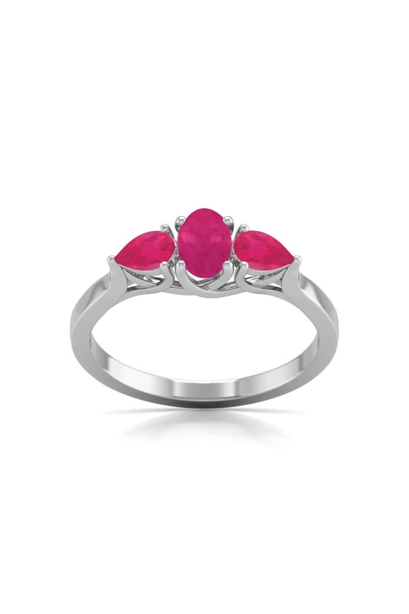 TimeLess Classics Birthstone Jewelry Oval and Pear Shaped Ruby Three-Stone Ring in 14K White Gold (Size 8)