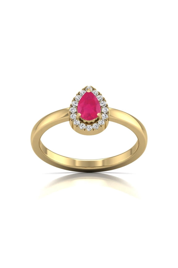 TimeLess Classics Birthstone Jewelry Pear Shape Ruby and Round Diamond Halo Ring in 14K Yellow Gold (Size 7.5)