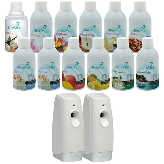 TimeMist Mixed Assortment Premium Metered Air Freshener Refills (Case of 12) with Meter Mist 3000 Ultra Dispenser (2 Pack) - 1050698 - Lasts Up To 30 Days and Neutralizes Tough Odors