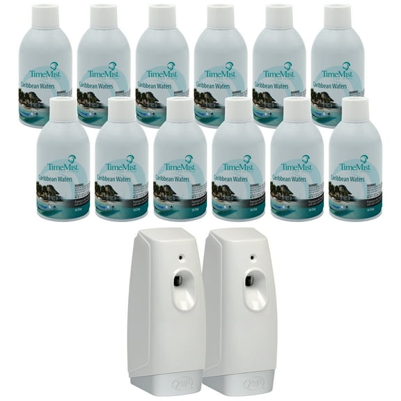TimeMist Premium Metered Air Freshener Refills - Caribbean Waters (Case of 12) with Meter Mist 3000 Ultra Dispenser (2 Pack) - 1042756 - Lasts Up To 30 Days and Neutralizes Tough Odors