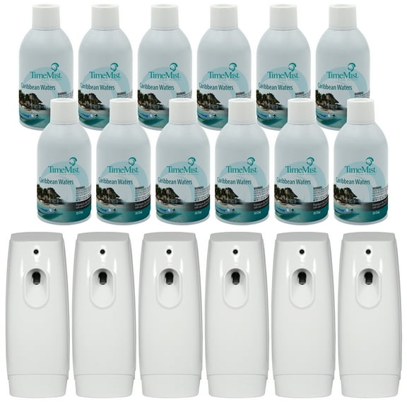 TimeMist Premium Metered Air Freshener Refills - Caribbean Waters (Case of 12) with TimeMist Metered Aerosol Fragrance Dispenser (Case of 6) - 1042756 - Lasts Up To 30 Days and Neutralizes Tough Odors