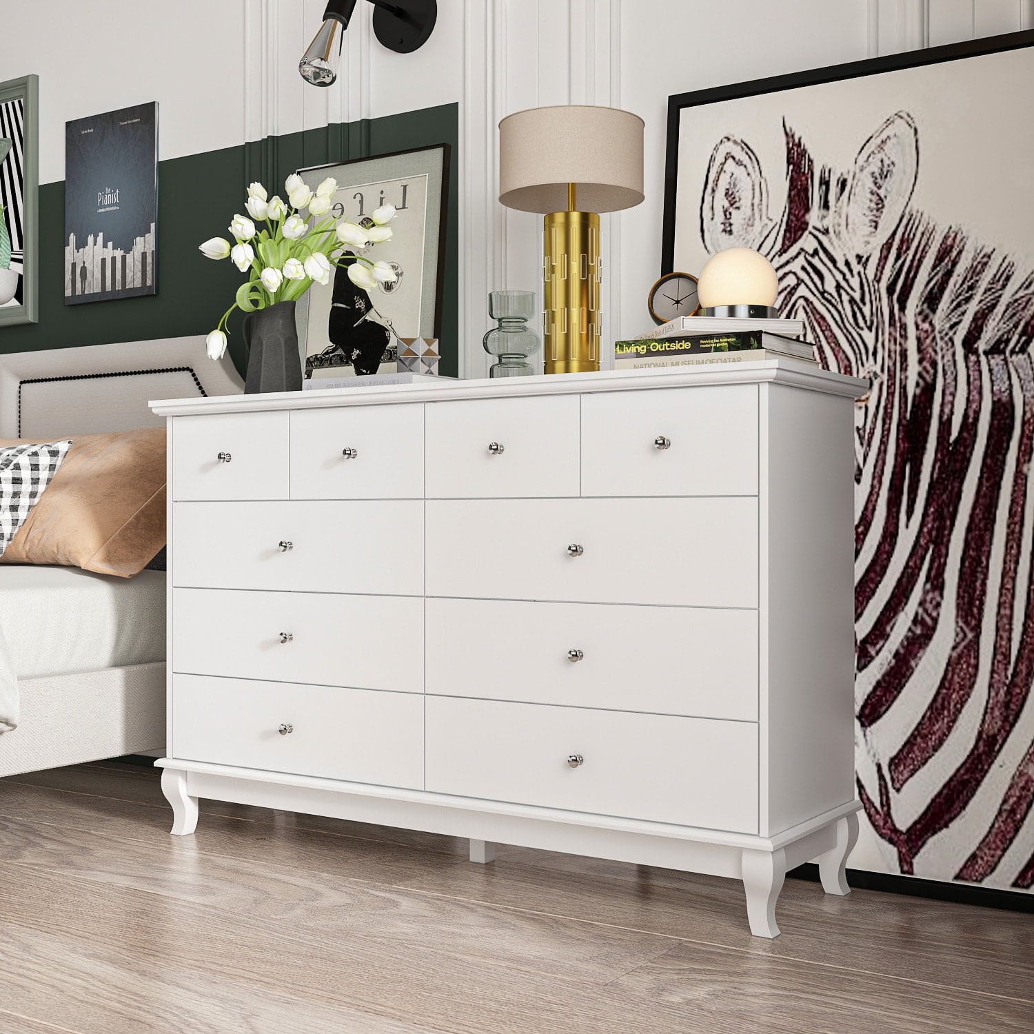 White MDF Double Dresser with 10 Drawers