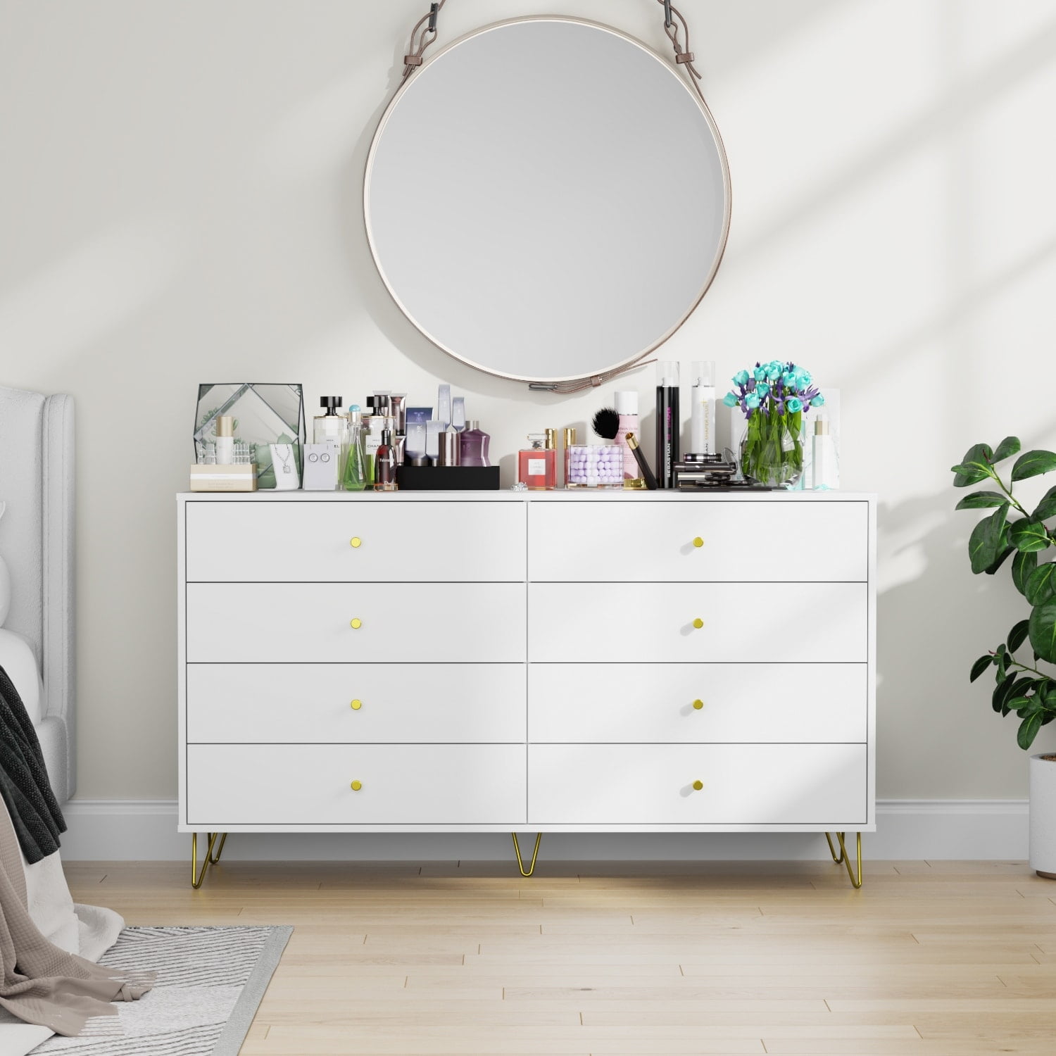 Timechee 55 inch Modern Space Saving 8 Drawer Double Dresser White