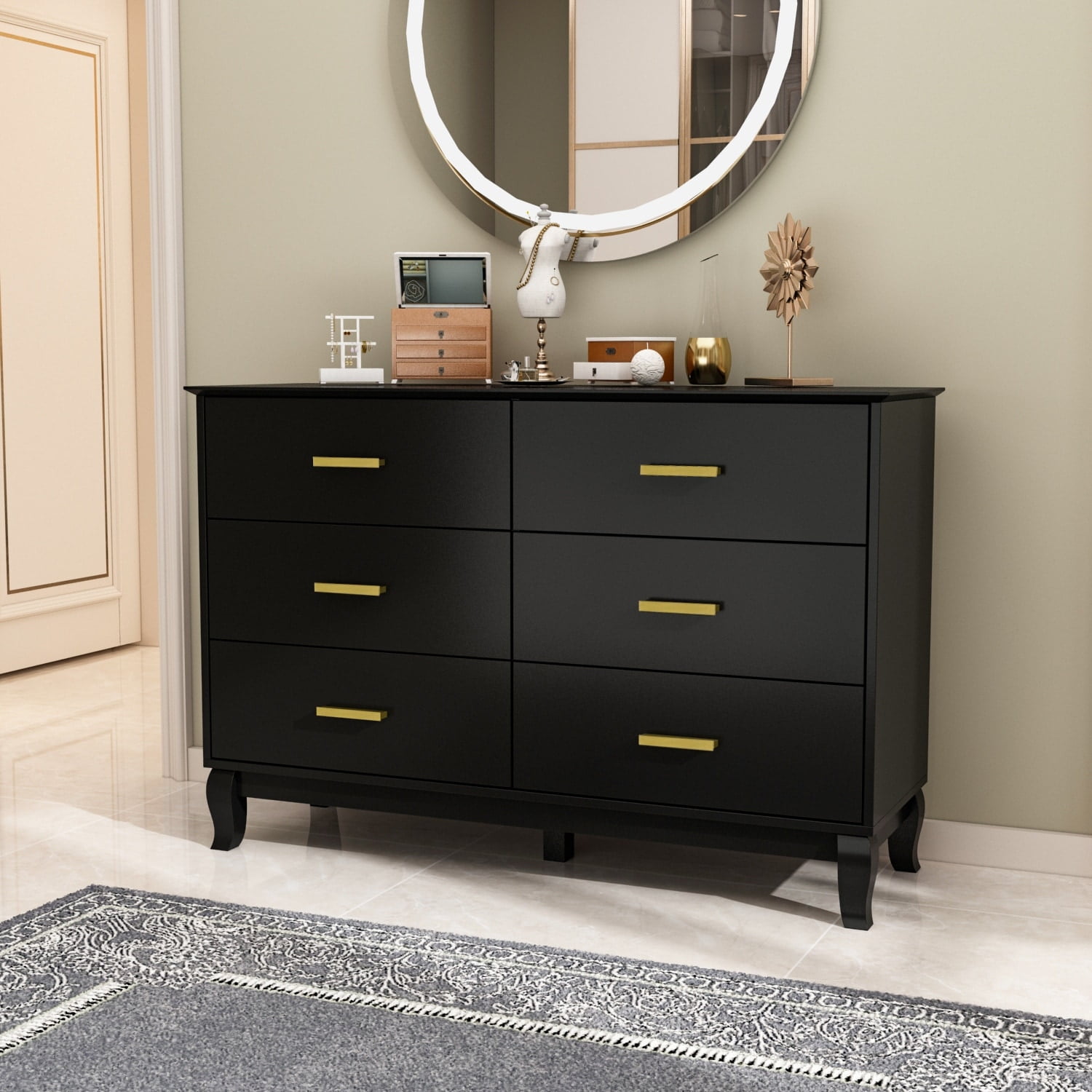 Timechee 6 Drawer 47.2''W Double Dresser Solid Wood Legs Lacquer Chest ...