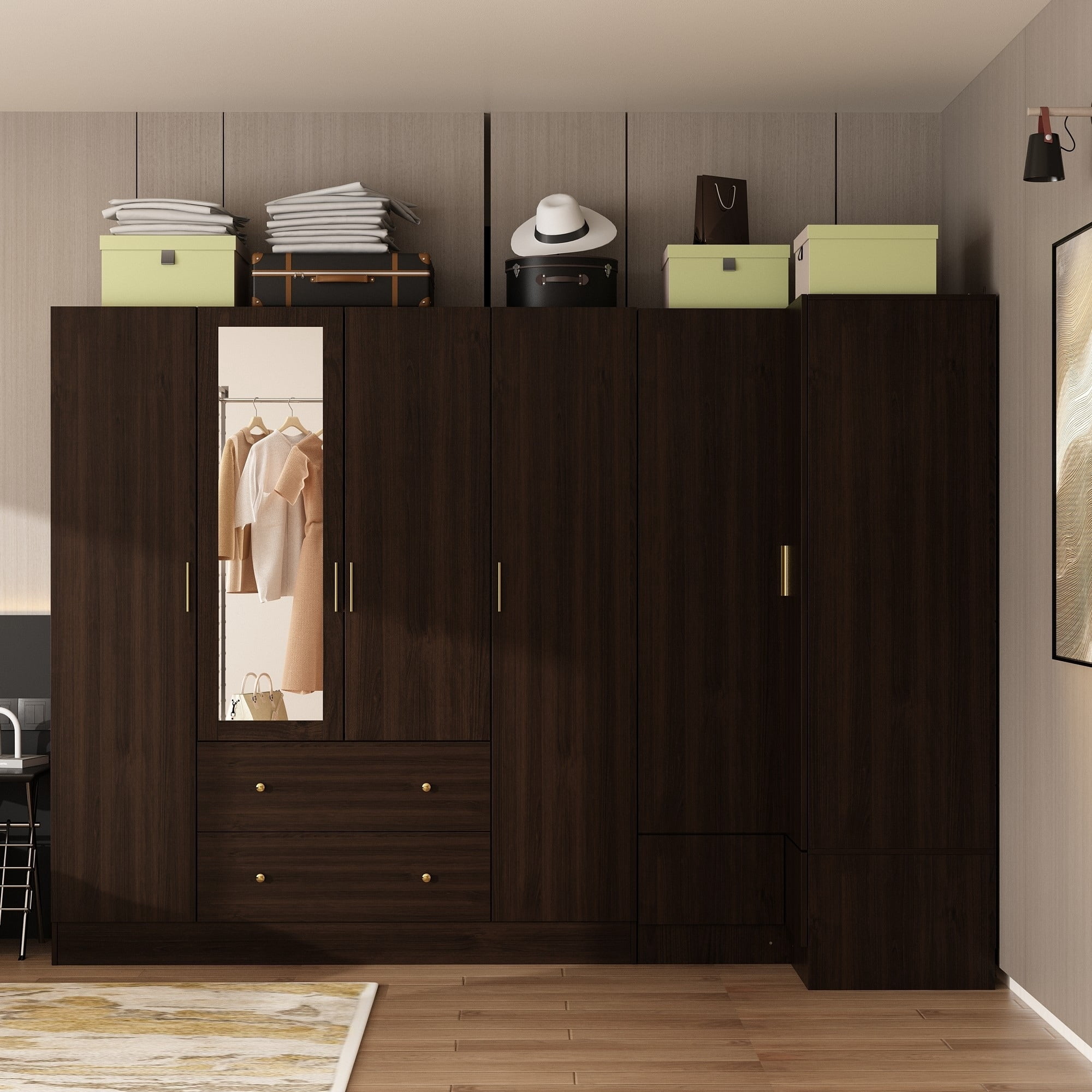 Timechee Wardrobe Armoire Wooden Closet with Mirror 4 Doors 2