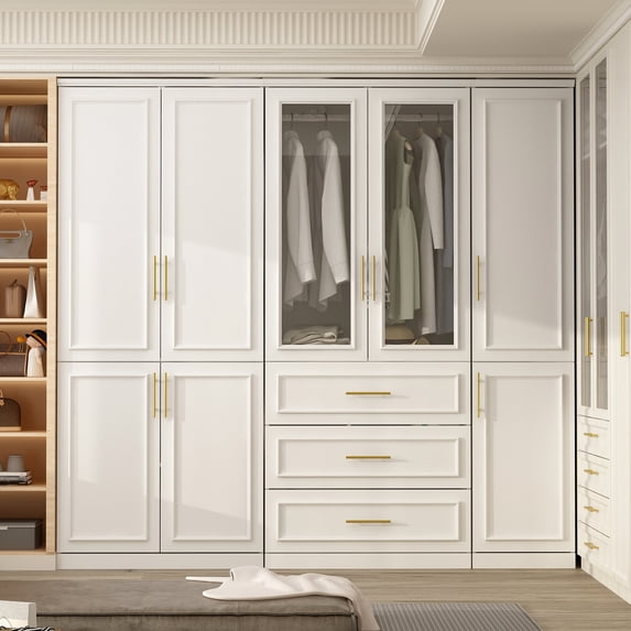 Timechee 74.8"H Large Modular Wardrobe Cloest Armoire Cabinet Glass Door 79.3"W