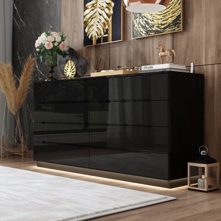 Timechee 8 Drawer Double Dresser Dressers with High Gloss Drawers With Light Black