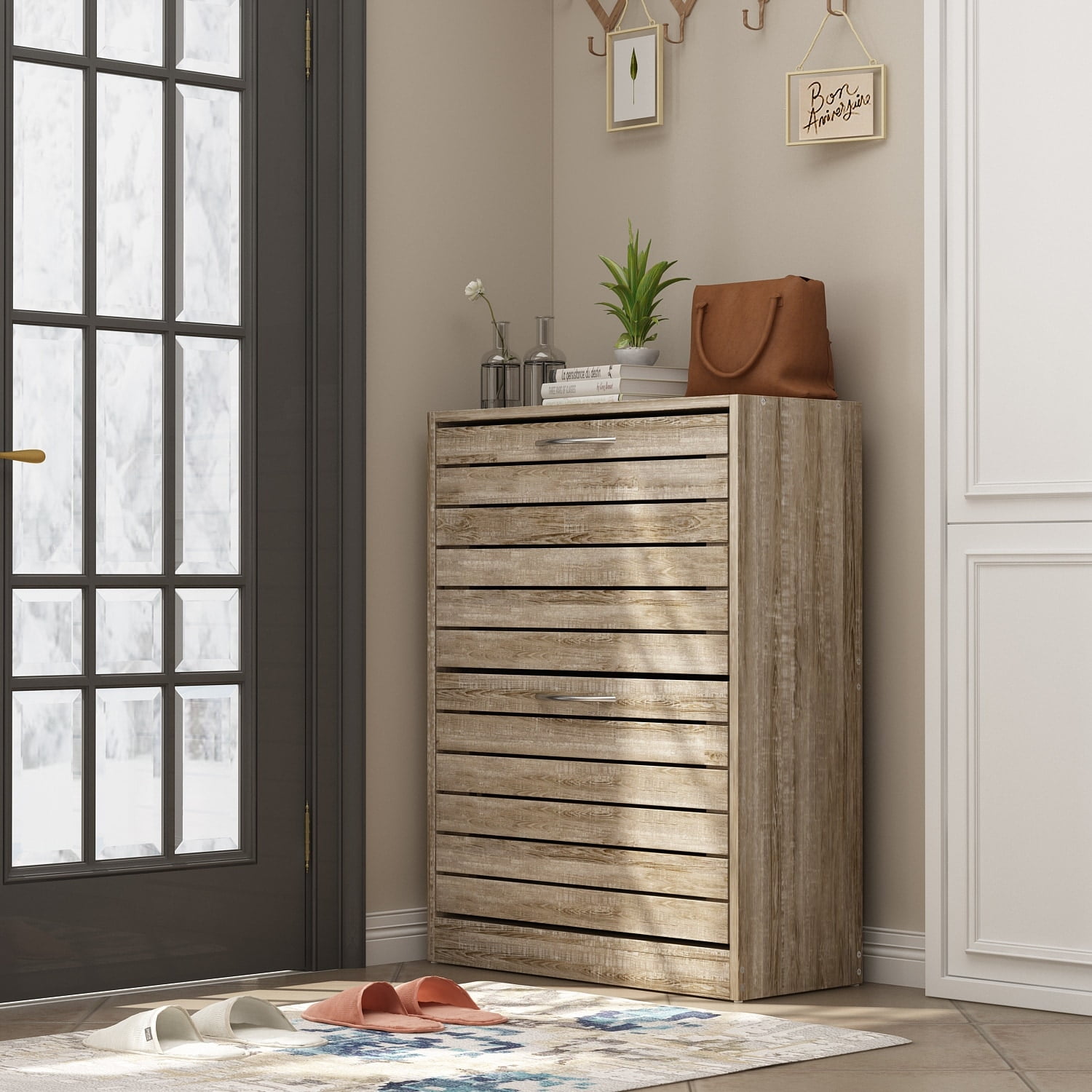 Timechee 8 Pair Shoe Storage Cabinet with 2 Drawers, Wood Louver Door Wood Color