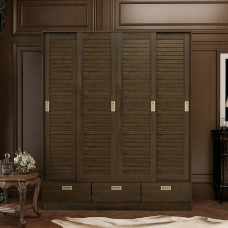 Timechee Brown Wood Grain Wardrobe with Drawers, Hanging Rod 4 Sliding Doors