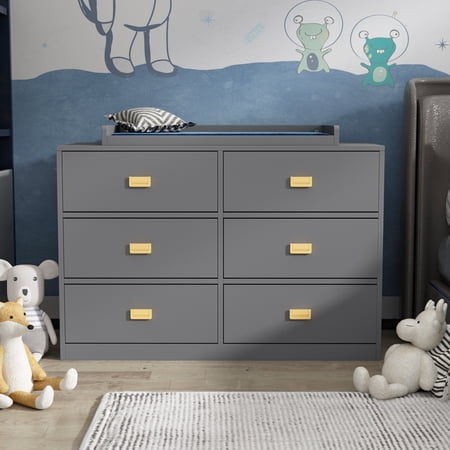 Timechee Dresser 6 Drawers With Baby Changing Table In White/Grey Golden Handle - 45.1"W Grey