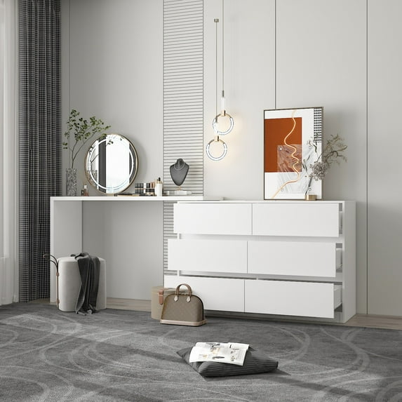 Timechee Home Rotating Dresser and Desk 6 Drawer Dresser Vanity Makeup White