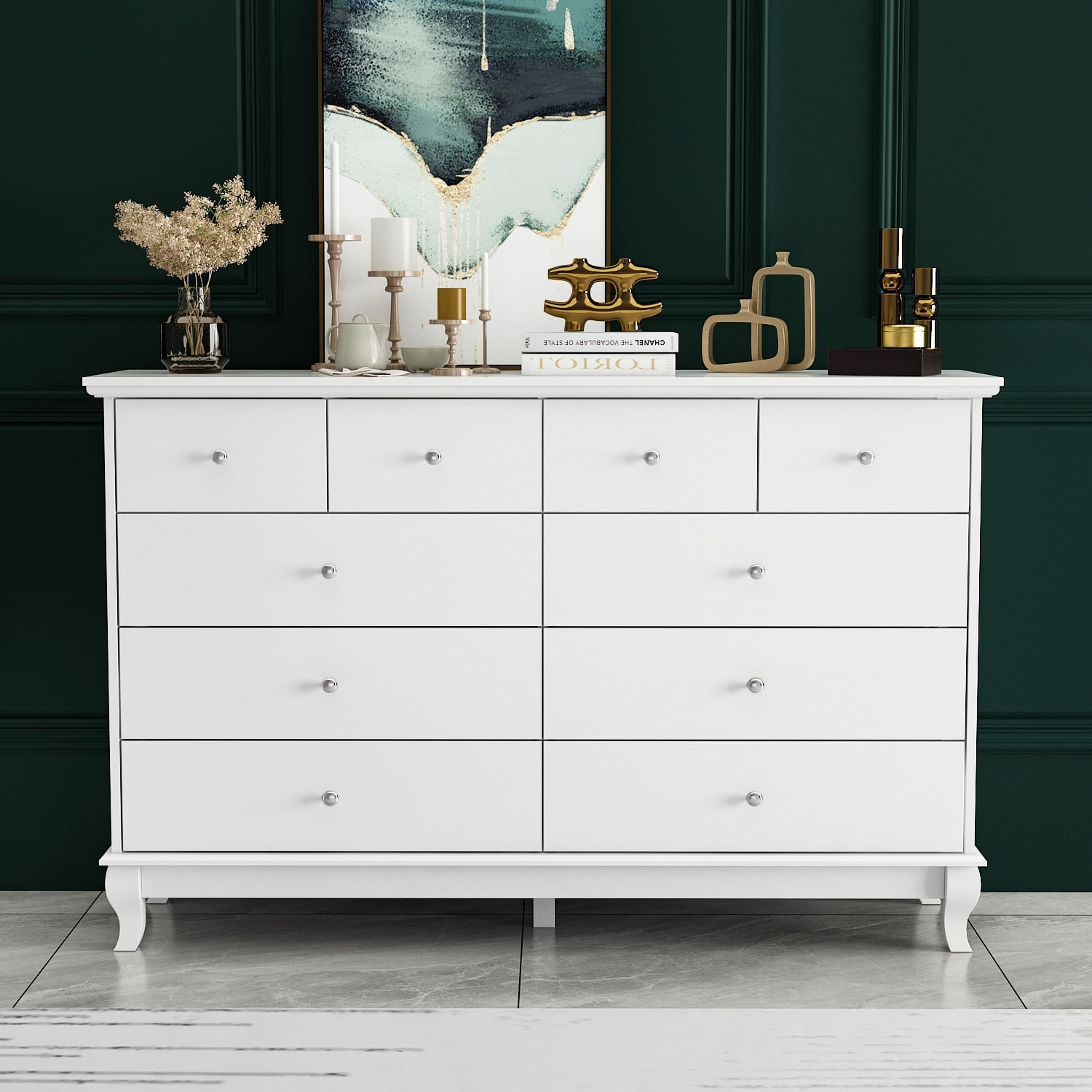 White Lacquer 10-Drawer Dresser with Wooden Legs