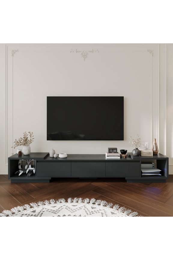 Modern Entertainment Center with 3 Drawers, Deformable TV Stand with Open Storage for Living Room, Black