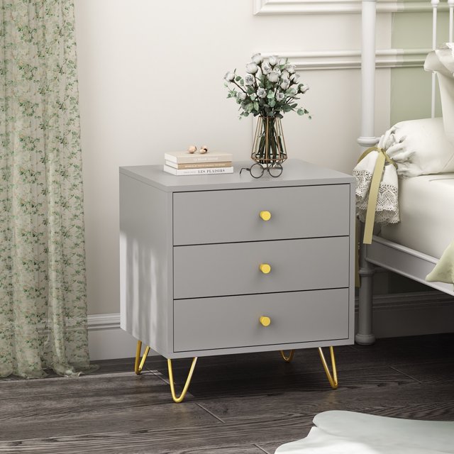 Timechee Nightstand Bedside Table 3Drawer Grey with Metal Legs