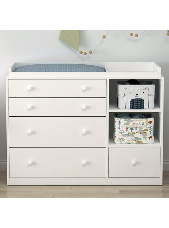 Timechee Nursery Dresser Baby Dresser with 5 Drawer & 2 Shelves, White Wood Chest of Drawers for Storage, Bedroom Nursery, White (47.2"L x 19.7"W x 33.3"H)