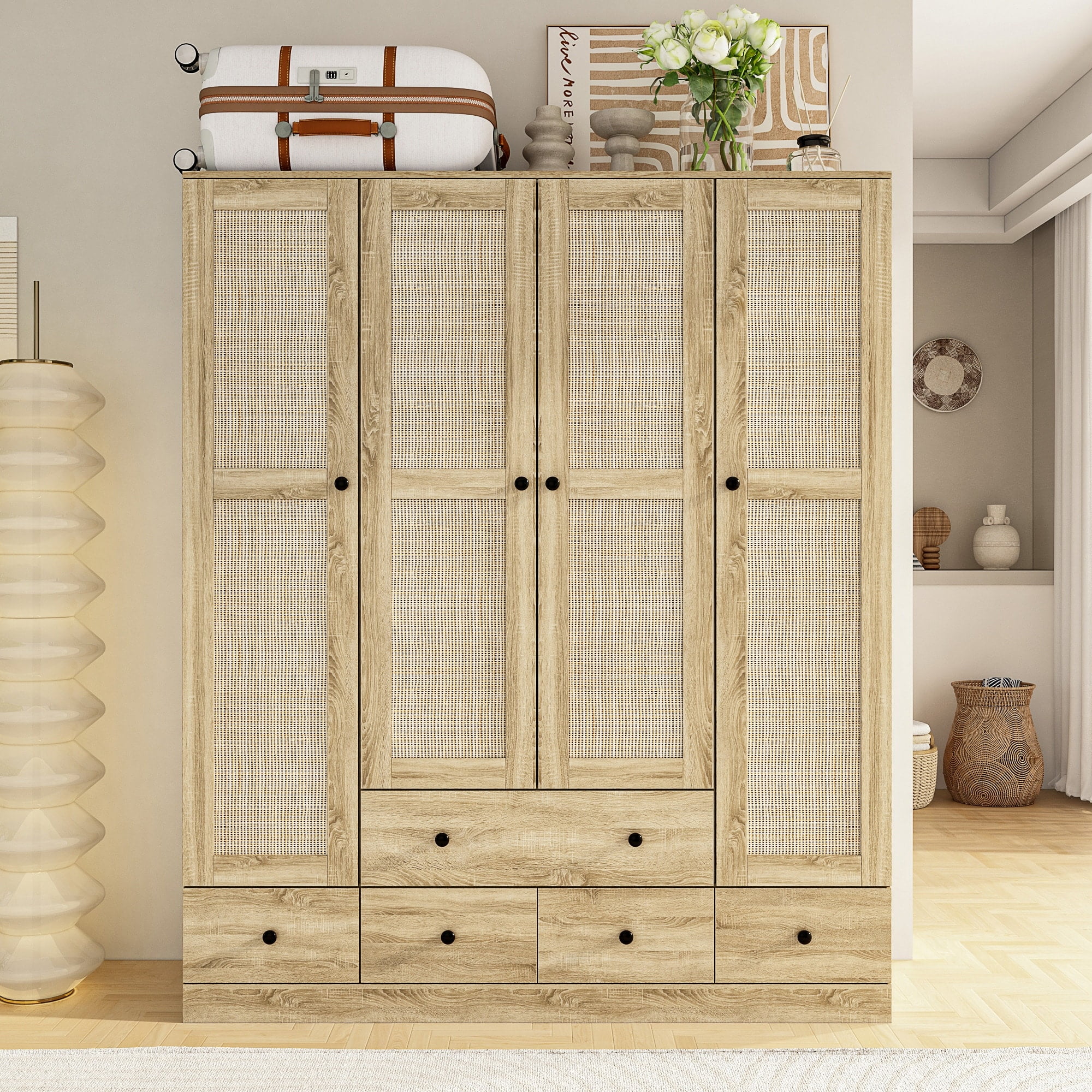 Large Rustic Light-Brown Wooden Wardrobe with Rattan Panels