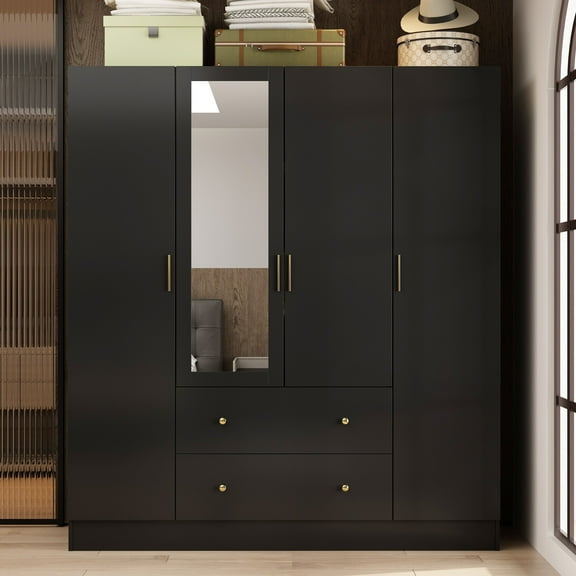 Timechee  Wardrobe Armoire Wooden Closet with Mirror 4 Doors 2 Drawers Black