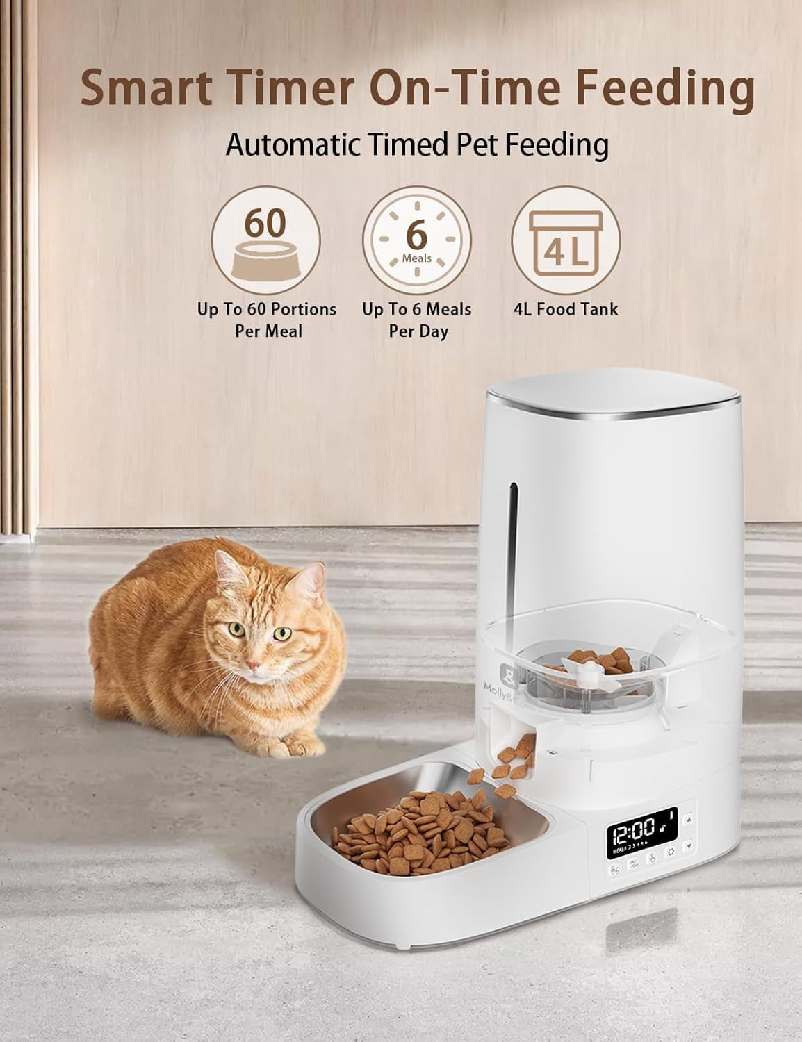 Timed Automatic Cat Feeder: 4L Programmable Dispenser with LCD, Stainless Steel Bowl, Dual Power