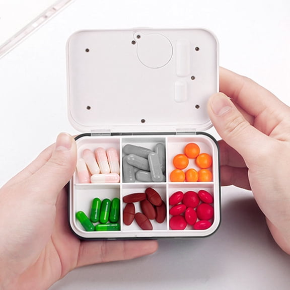 Timed Reminders Mini Portable Mini Pill Box Timed Reminders 6 Compartments Pill Organizer Electronic Reminder Pill Box with Timer Five-Group Alarm