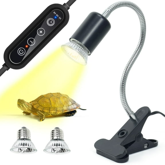 Timed Turtle Heat Lamp with Dual 50W UVB UVA Bulbs for Reptile Tanks, Turtles, and Hermit Crabs: Adjustable Temperature, 360° Flexible Gooseneck, Secure Clamp，black