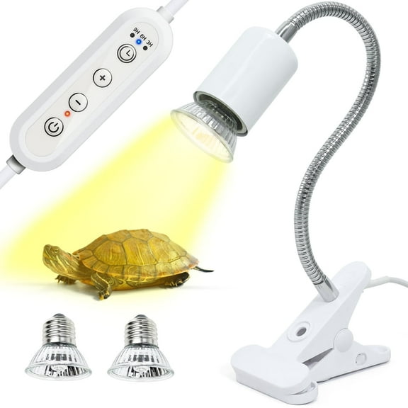 Timed Turtle Heat Lamp with Dual 50W UVB UVA Bulbs for Reptile Tanks, Turtles, and Hermit Crabs: Adjustable Temperature, 360° Flexible Gooseneck, Secure Clamp,white