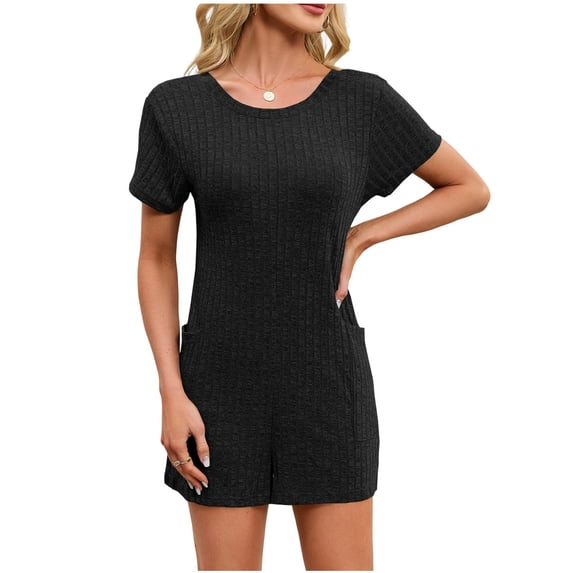 Timegard 1 Piece Short Sets for Women Summer Casual Loose Fitting Comfy Jumpsuit Round Neck Short Sleeve Rompers with Pockets,Black,M