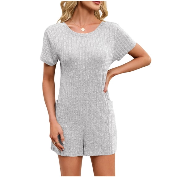 Timegard 1 Piece Short Sets for Women Summer Casual Loose Fitting Comfy Jumpsuit Round Neck Short Sleeve Rompers with Pockets,Gray,XXL