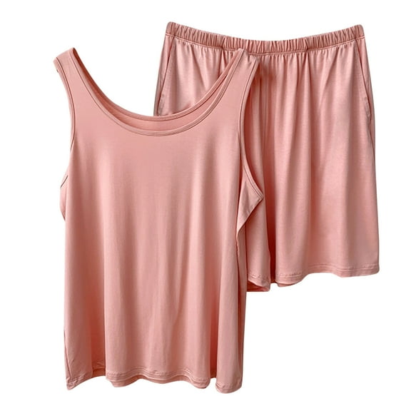 Timegard 2 Piece Pjs Sets for Women Scoop Neck Tank Top Loose Shorts Soft Solid Color Casual Outfits