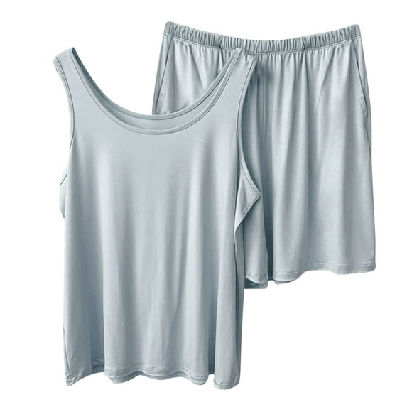 Timegard 2 Piece Pjs Sets for Women Scoop Neck Tank Top Loose Shorts Soft Solid Color Casual Outfits