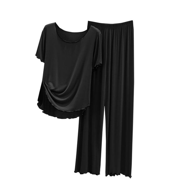 Timegard 2 Piece Pjs Sets for Women Scoop Neck Tee Wide Leg Pants Loose Comfy Solid Color Summer Outfits