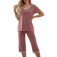 thumbnail image 1 of Timegard 2 Piece Pjs Sets for Women V-Neck Short Sleeve Top and Wide Leg Capri Pants Homewear Comfy Pajamas Sets, 1 of 7