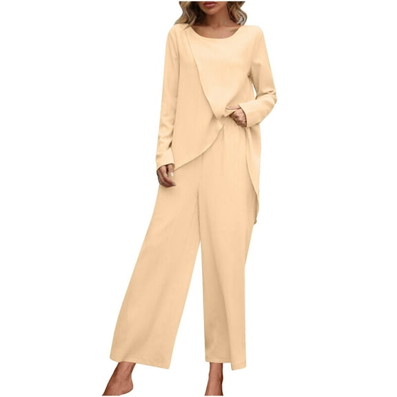 Timegard 2 Piece Plus Size Outfits for Women Round Neck Irregularly Long Sleeve Top Wide Leg Pants Casual Loose Sets