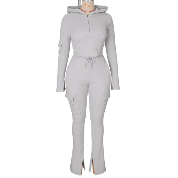 Timegard 2 Piece Set for Women Zip up Crop Hoodies Side Split Flare Leggings Casual Cargo Workout Bodycon Sweatsuit(Small,Gray)