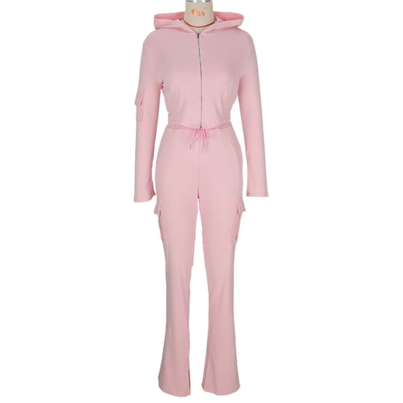 Timegard 2 Piece Set for Women Zip up Crop Hoodies Side Split Flare Leggings Casual Cargo Workout Bodycon Sweatsuit(X-Large,Pink)