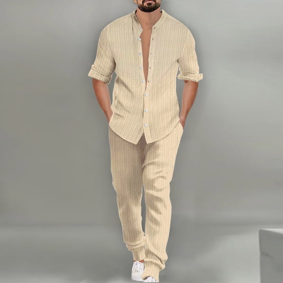 Timegard 2 Piece Sets for Men Button down Long Sleeve Shirts Loose Pants Casual Work Office Outfits Fall