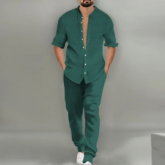 Timegard 2 Piece Sets for Men Button down Long Sleeve Shirts Loose Pants Casual Work Office Outfits Fall