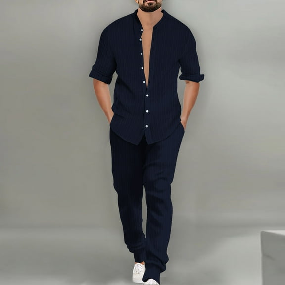 Timegard 2 Piece Sets for Men Button down Long Sleeve Shirts Loose Pants Casual Work Office Outfits Fall