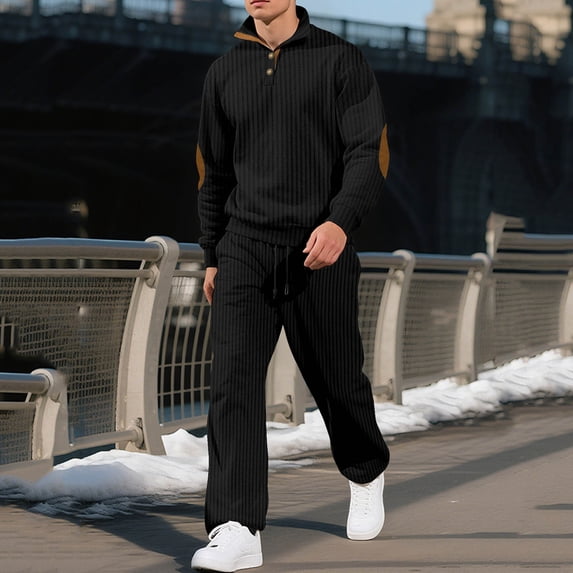 Timegard 2 Piece Sets for Men Fall Stand Collar Button Long Sleeve Tops Loose Pants Athletic Lounge Outfits