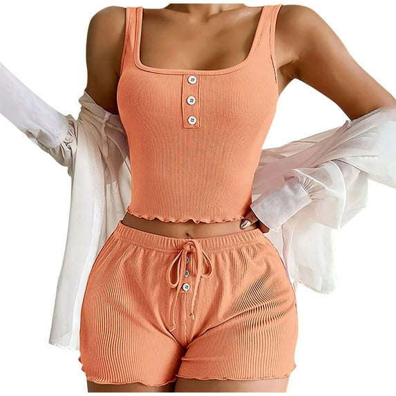 Timegard 2 Piece Sets for Women Going out Square Neck Button Tank Top Shorts Comfy Casual Summer Outfits