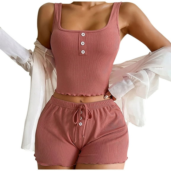 Timegard 2 Piece Sets for Women Going out Square Neck Button Tank Top Shorts Comfy Casual Summer Outfits