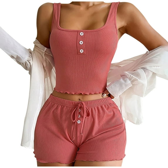 Timegard 2 Piece Sets for Women Going out Square Neck Button Tank Top Shorts Comfy Casual Summer Outfits