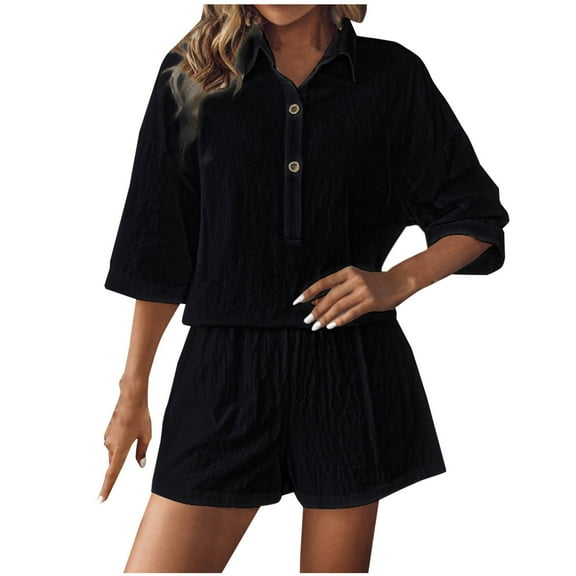 Timegard 2 Piece Sets for Women Lapel V Neck Button 3/4 Sleeve Shirts Wide Leg Shorts Casual Loose Outfits