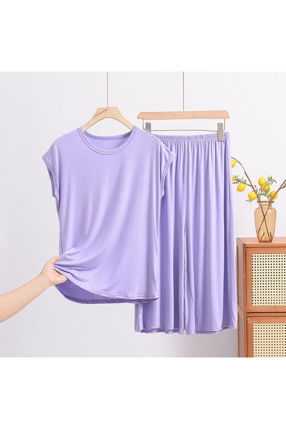 2 Piece Sets for Women Plus Size Cap Sleeve Crew Neck Shorts Outfits Loose Soft Pajamas Homewear